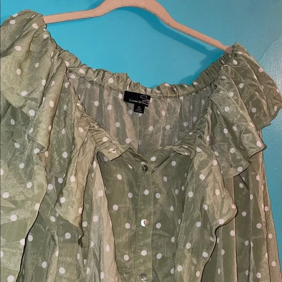 Suzanne Betro Olive Blouse with White Dots - Picture 11 of 16